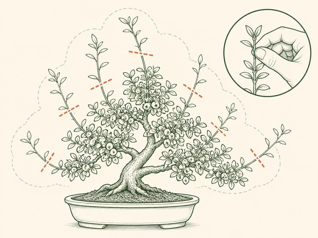 Pruning diagram for Pyracantha Bonsai: red dashed lines mark where to cut