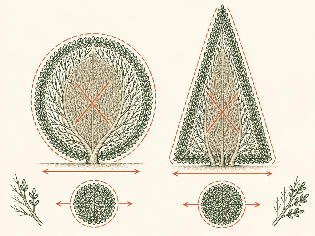 Pruning diagram for Boxwood (Buxus): red dashed lines mark where to cut