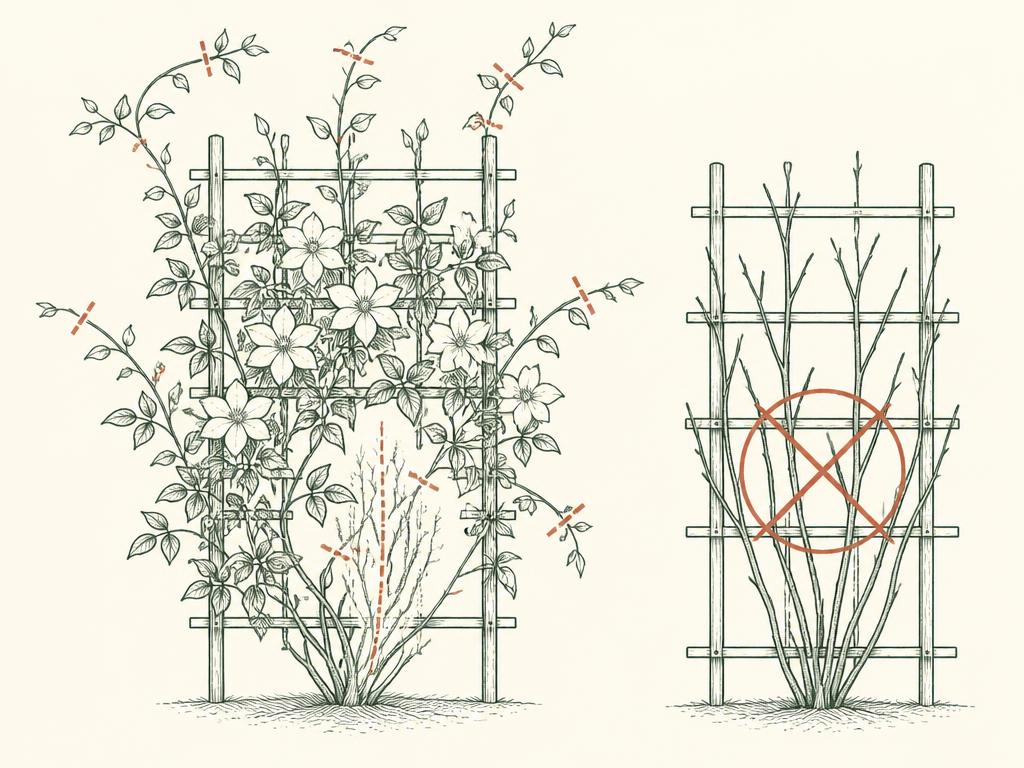 Pruning diagram for Clematis 'Avalanche': red dashed lines mark where to cut