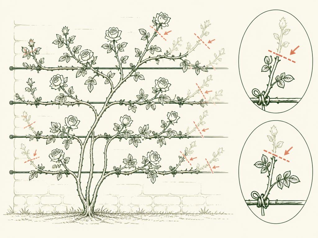 Pruning diagram for Iceberg Climbing Roses: red dashed lines mark where to cut
