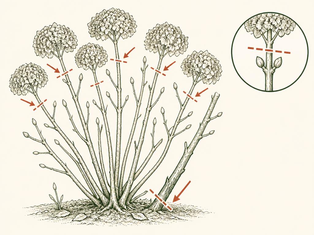 Pruning diagram for Hydrangeas: red dashed lines mark where to cut