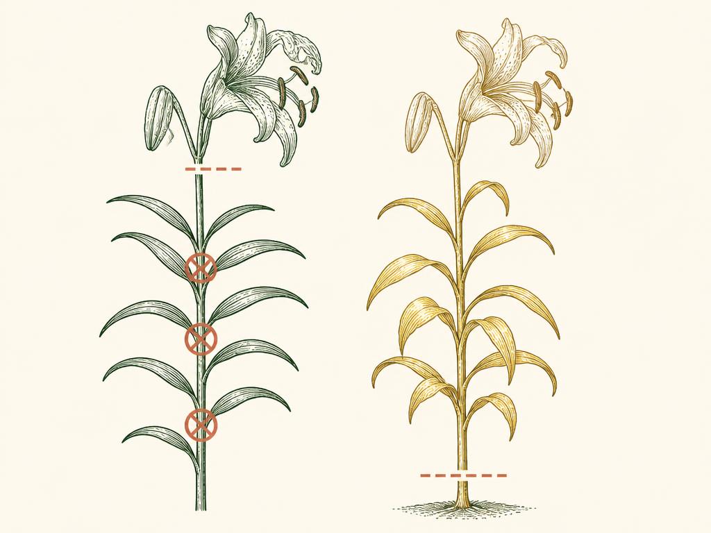 Pruning diagram for Lilies: red dashed lines mark where to cut