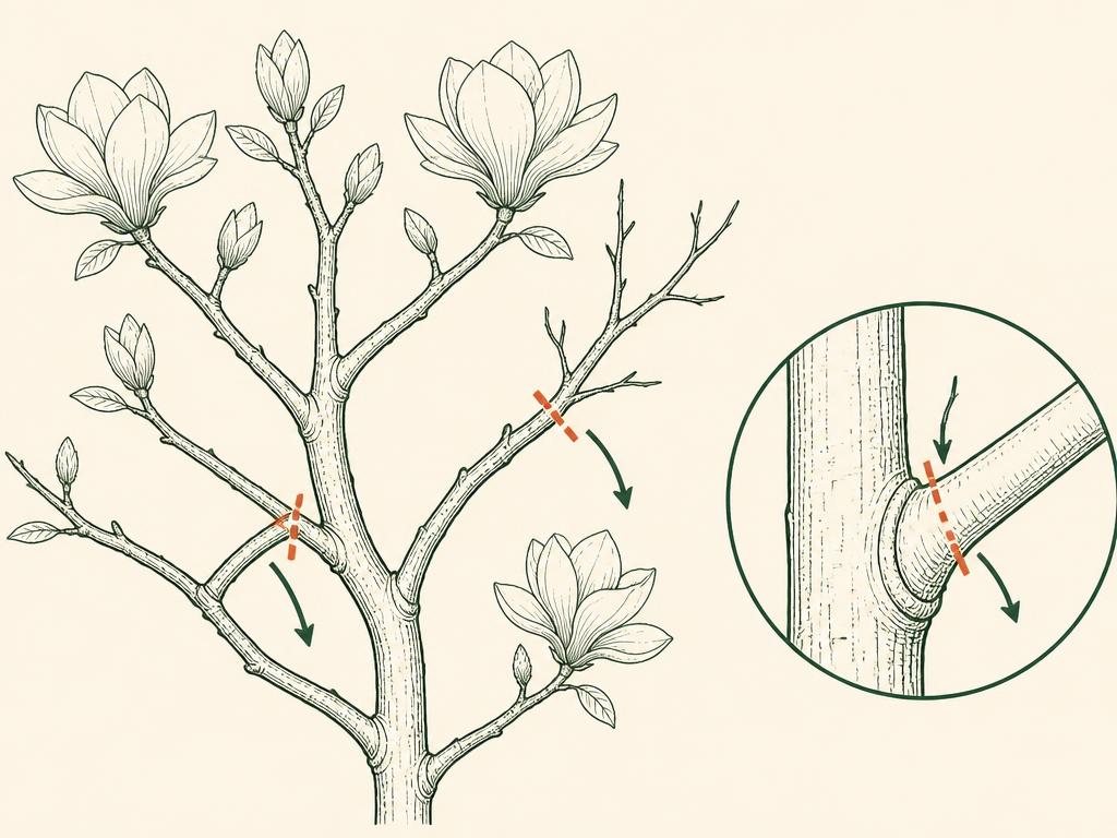 Pruning diagram for Magnolia Grandiflora 'Little Gem': red dashed lines mark where to cut