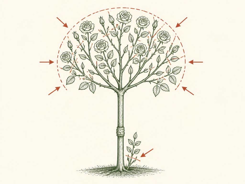Pruning diagram for 4 Rose Trees: red dashed lines mark where to cut