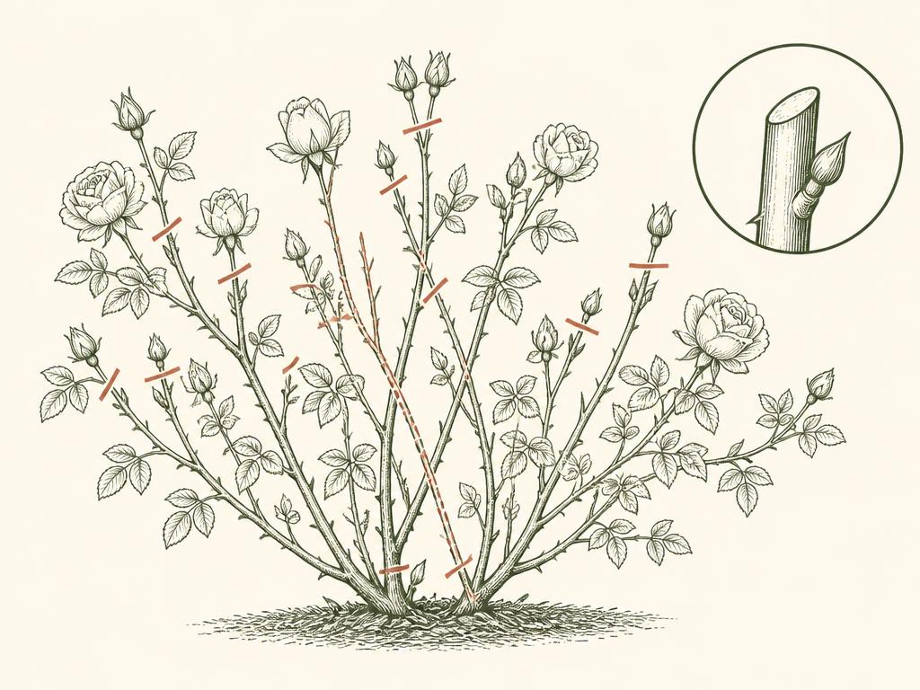Pruning diagram for Other Roses: red dashed lines mark where to cut